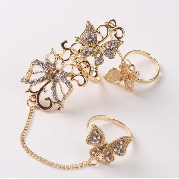 Gold with white stones 3 piece ADJUSTABLE ring set - Picture 2 of 7